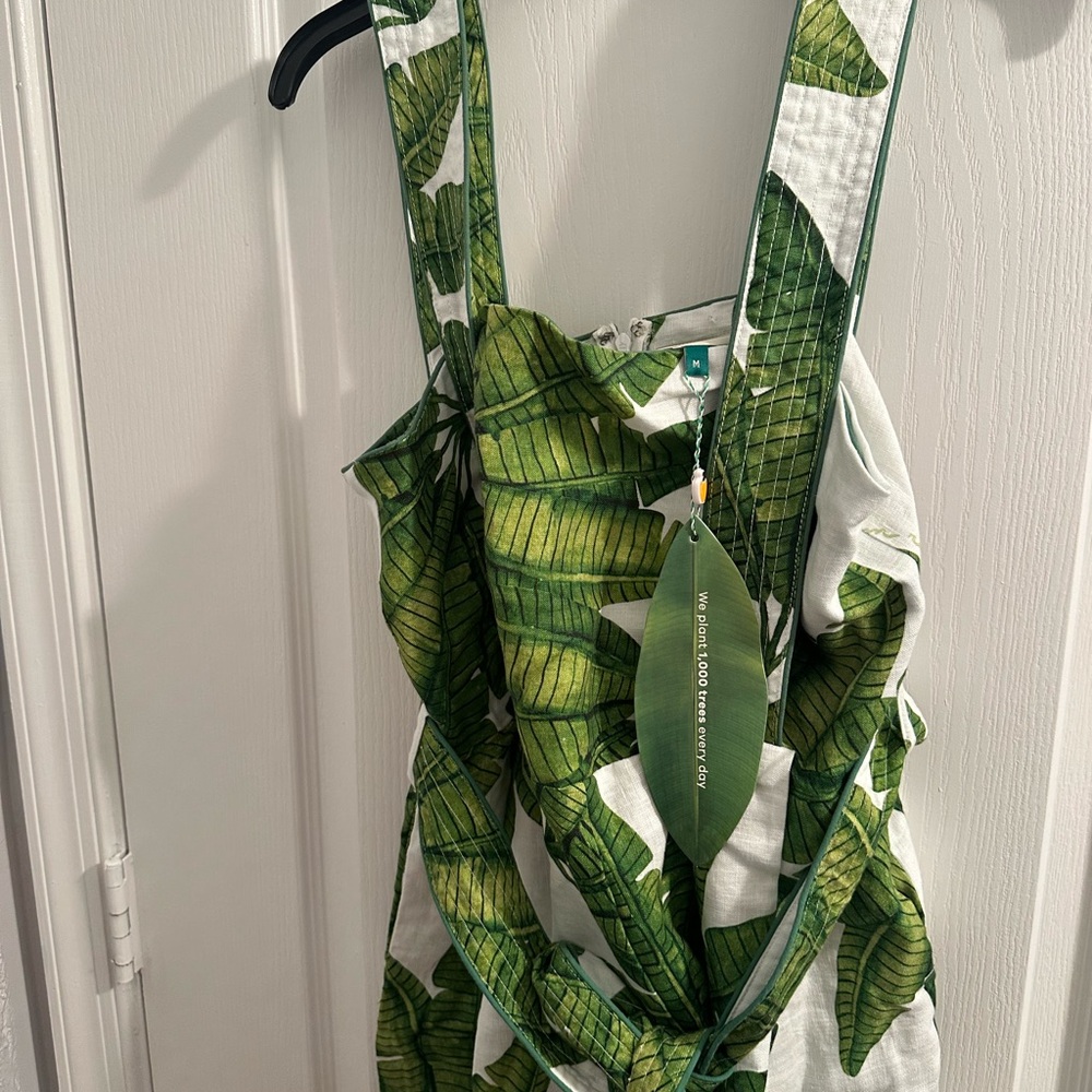 FARM Rio Tropical Green Leaf Jumpsuit, Palm Fan Linen Wide-Leg Has 2 side pocket - Picture 10 of 12